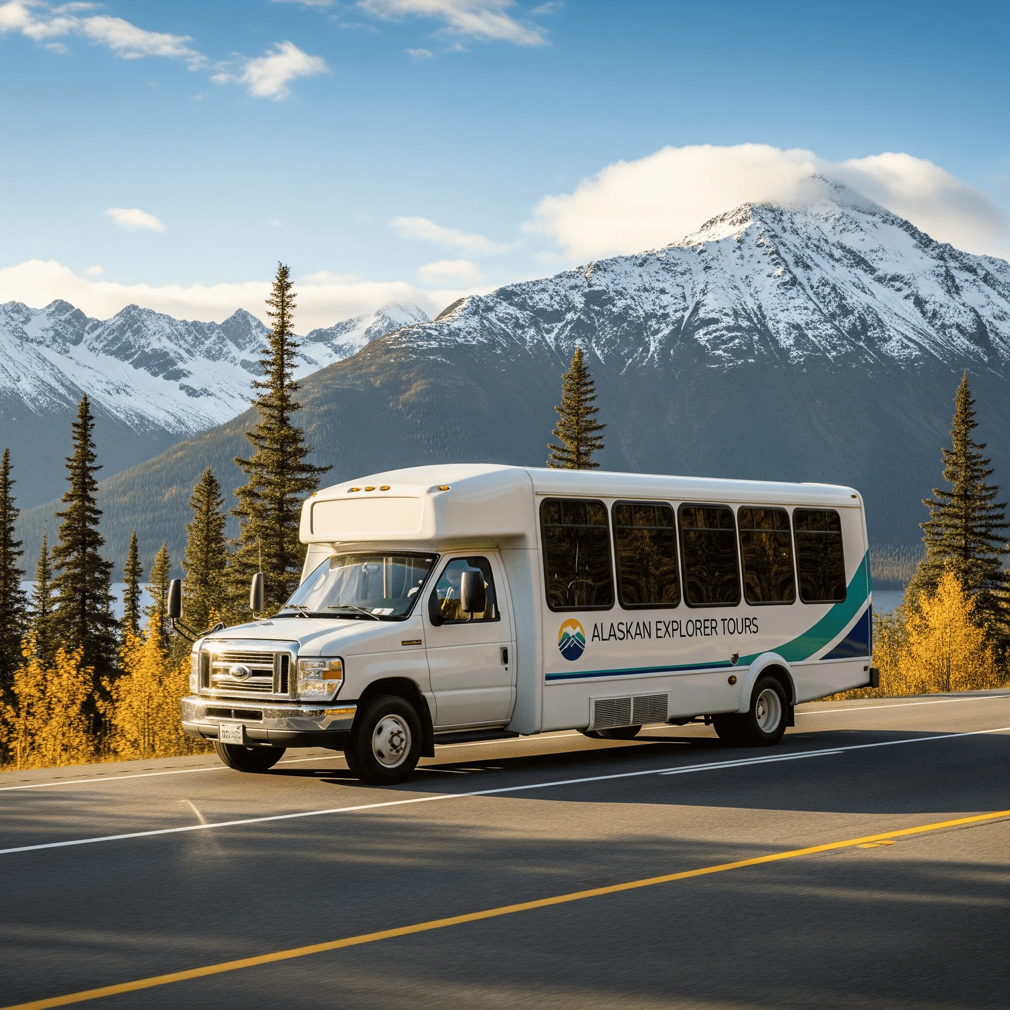 A white shuttle bus drives along a scenic Alaskan highway, representing comfortable and reliable Alaska cruise transfers from Anchorage to Seward or Whittier.