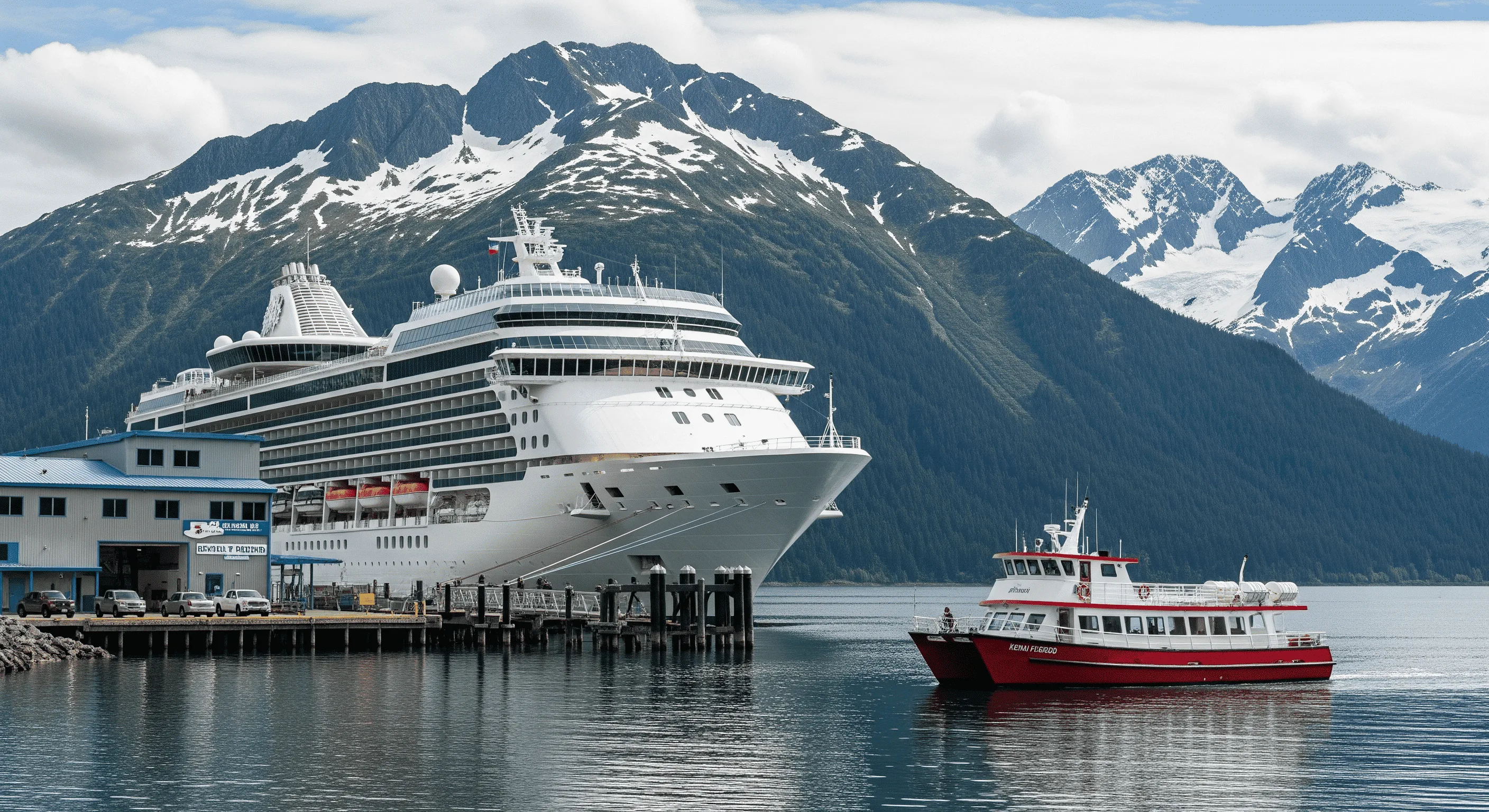 Gemini_Generated_Image_akse4rakse4rakse 1 1 An Alaska cruise ship docked at the Seward cruise terminal, with a small tour boat nearby and a scenic backdrop of mountains.