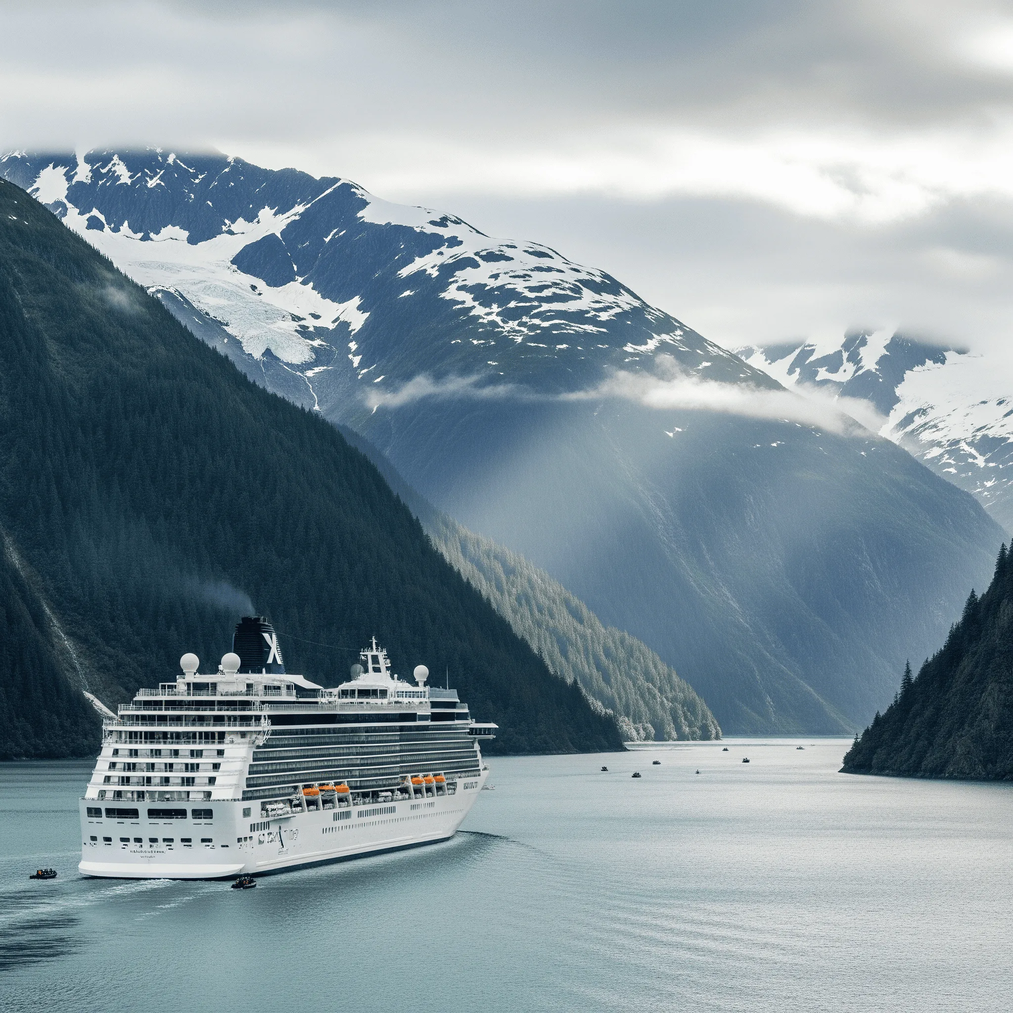 An Alaska cruise ship sails through a fjord with snow-capped mountains and evergreen forests on either side.