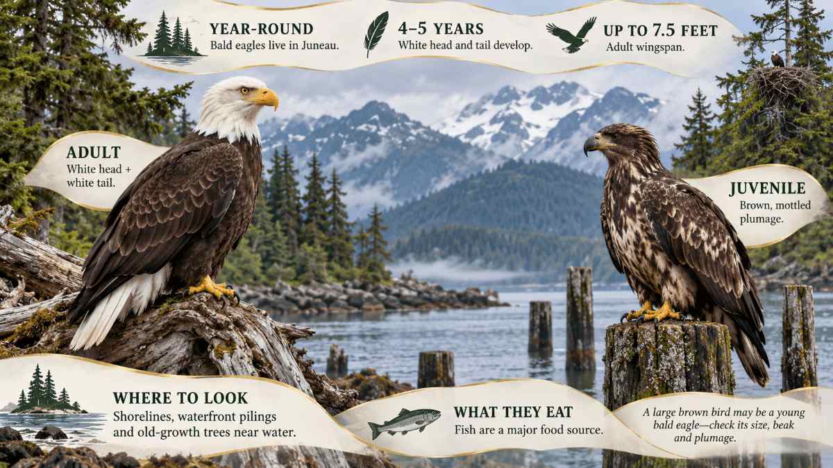 Juneau Wildlife Spotting: Bald Eagles, Salmon Runs & Black Bears 2 Adult bald eagle with white head beside a brown juvenile bald eagle