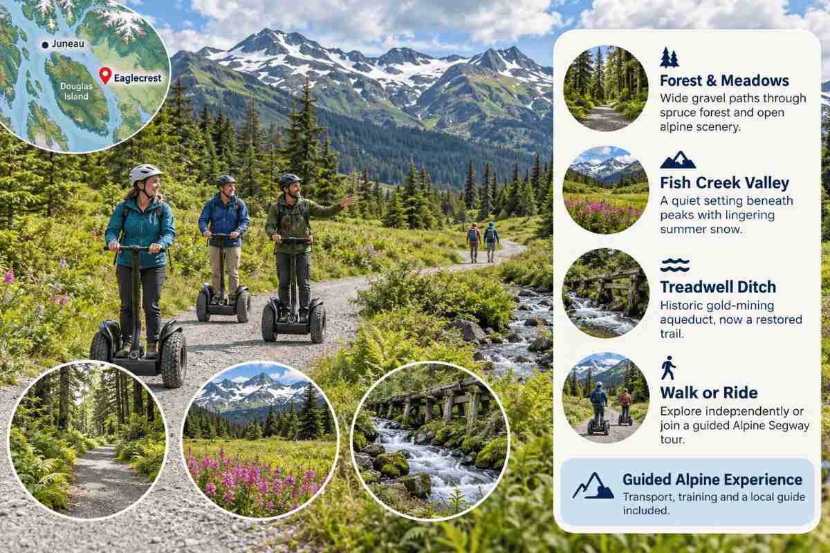 Eaglecrest summer hiking on the gravel Nordic trail with snow-capped peaks behind