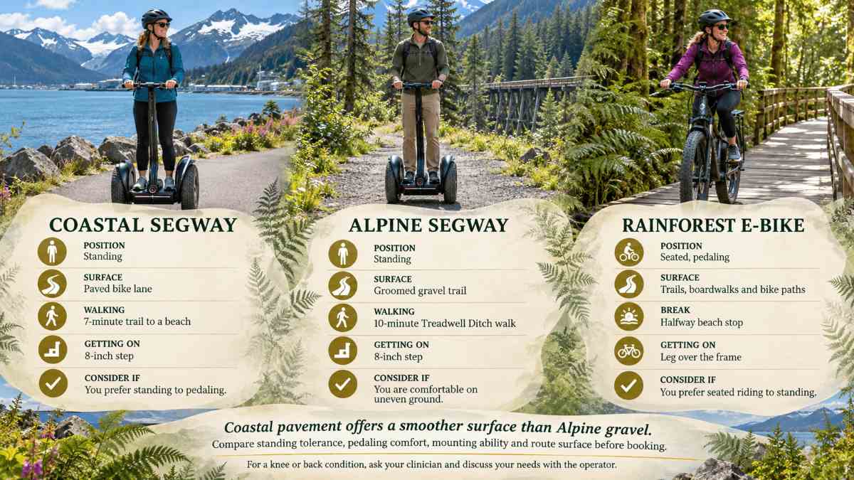Segway Tour With Bad Knees or a Bad Back? An Honest Accessibility Guide 3 Comparison of standing, seated, surface, and walking demands on iRide Alaska tours