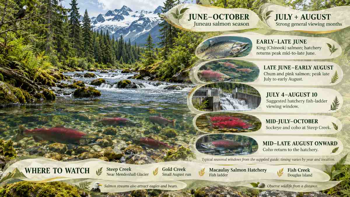 Calendar of salmon run timing in Juneau from June through October