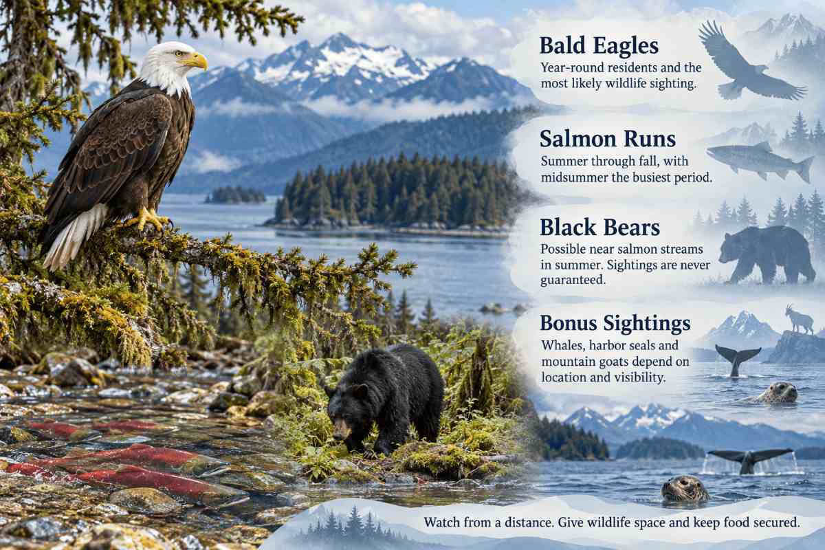 Juneau Wildlife Spotting: Bald Eagles, Salmon Runs & Black Bears 1 Juneau wildlife spotting: a bald eagle perched in a shoreline spruce
