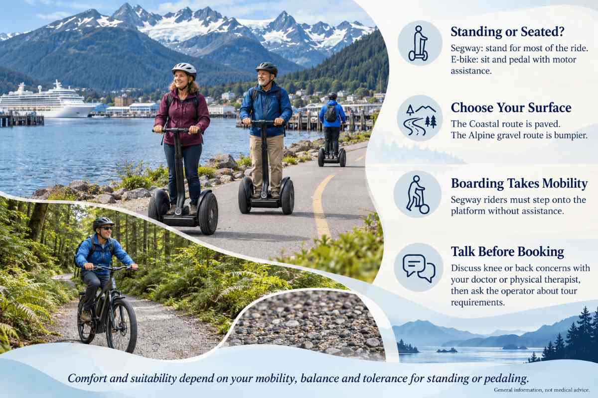 Riders on a Segway tour with bad knees in mind, gliding along Juneau's paved coastal bike lane
